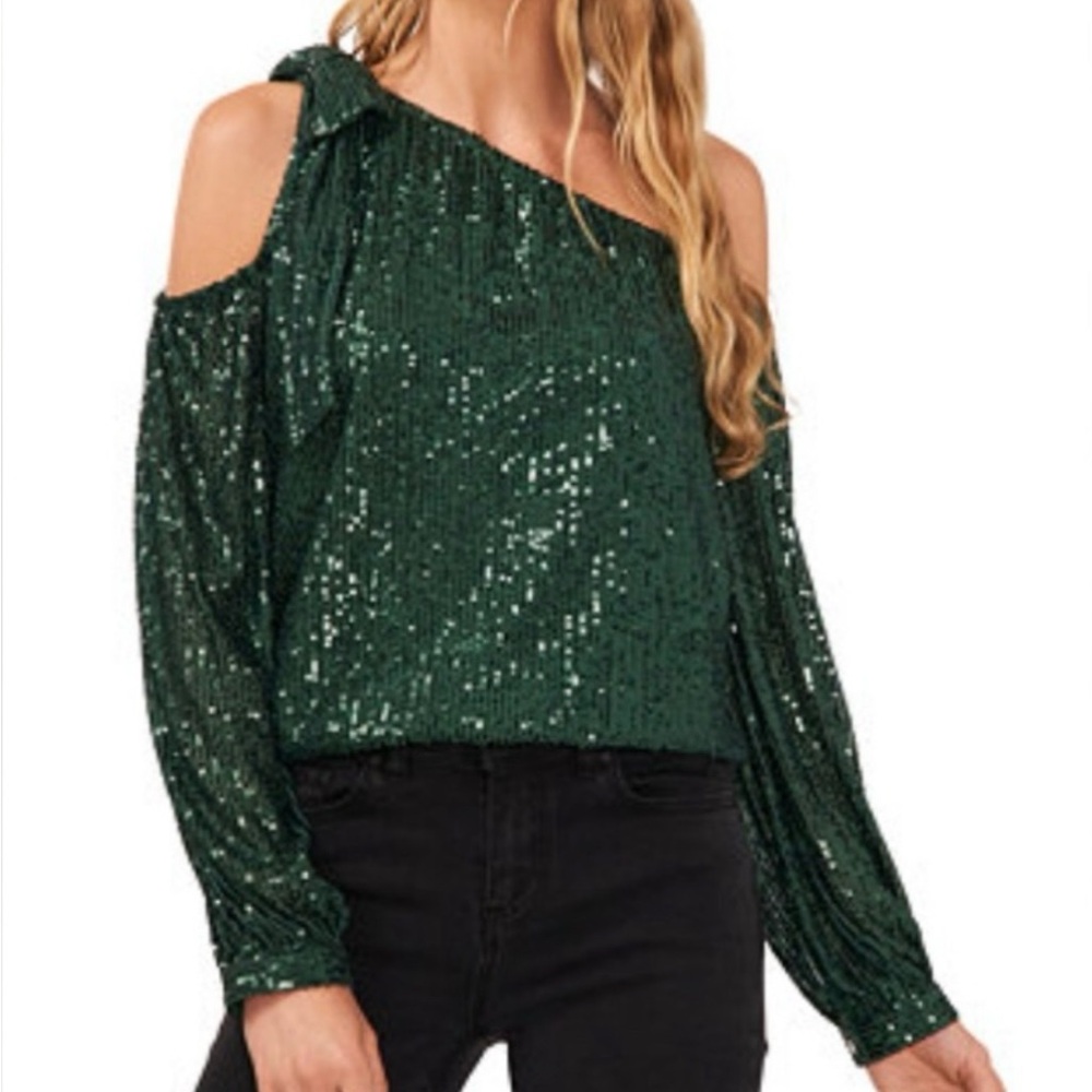CeCe Emerald Green Sequin Cold Shoulder Bow Blouse Top NWT Size S L
